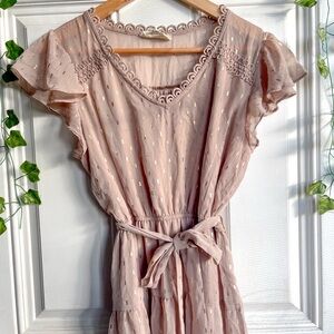 Pink Flutter Sleeve Dress with Gold Accents